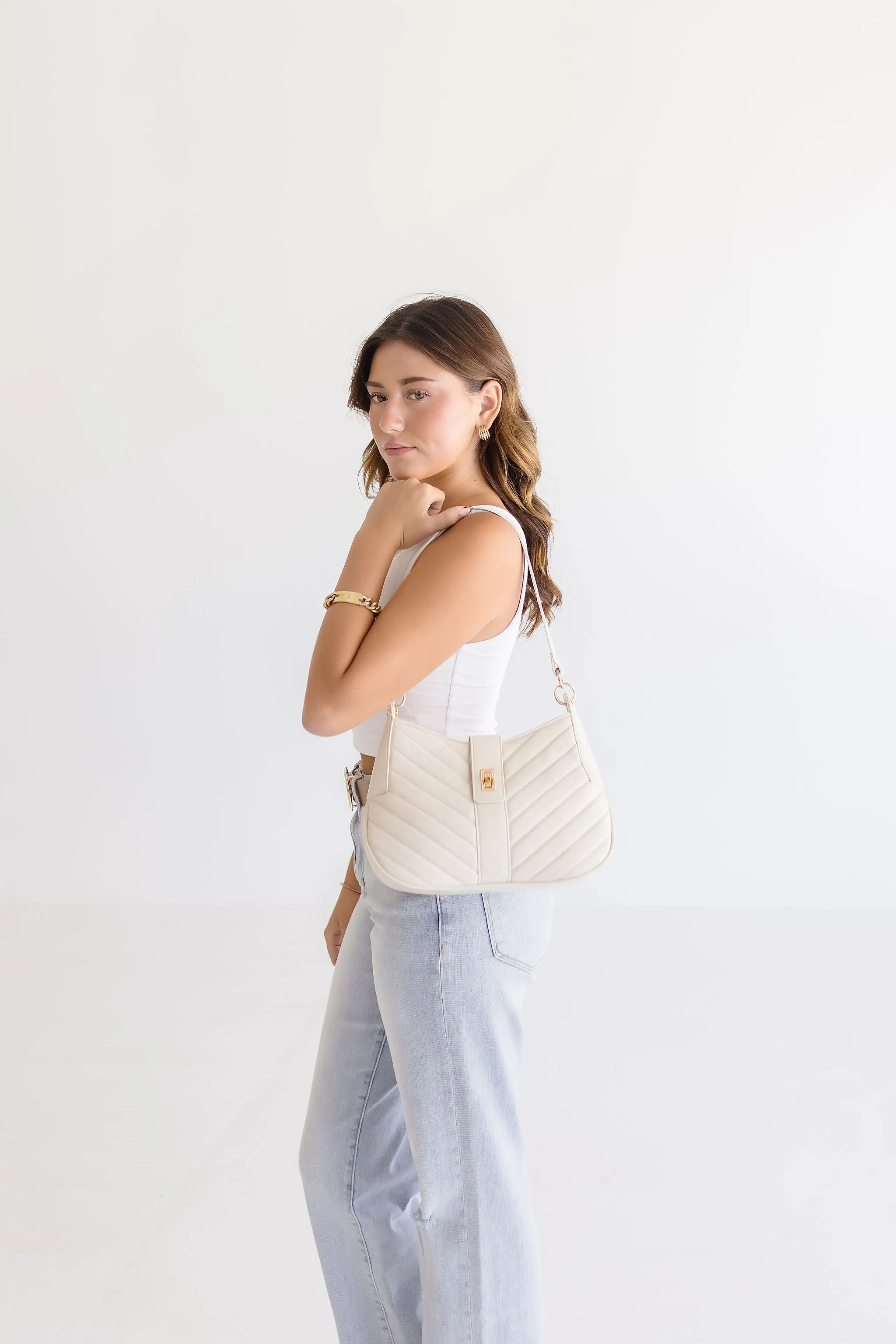 Alyce Chevron Shoulder Purse Ivory