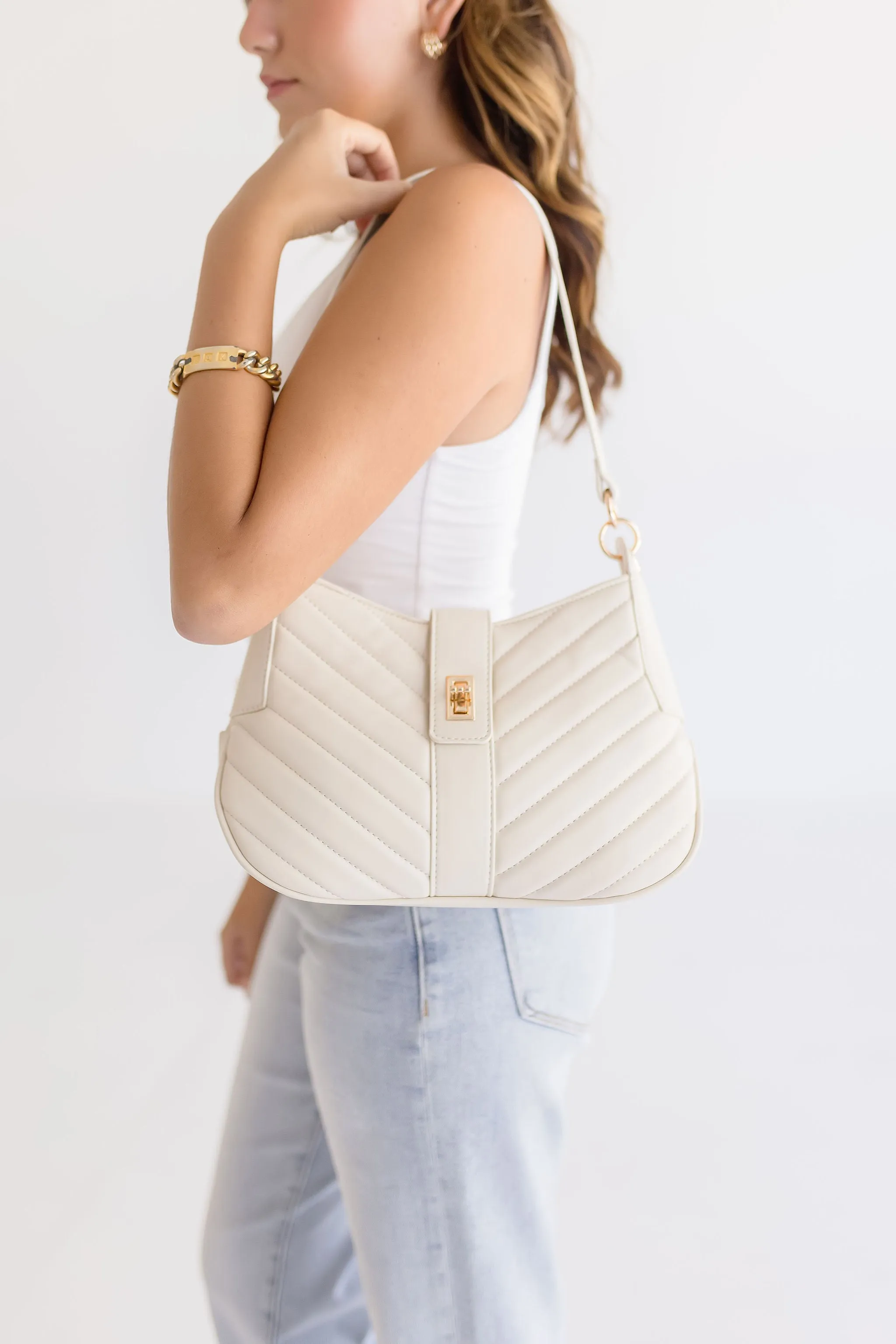 Alyce Chevron Shoulder Purse Ivory