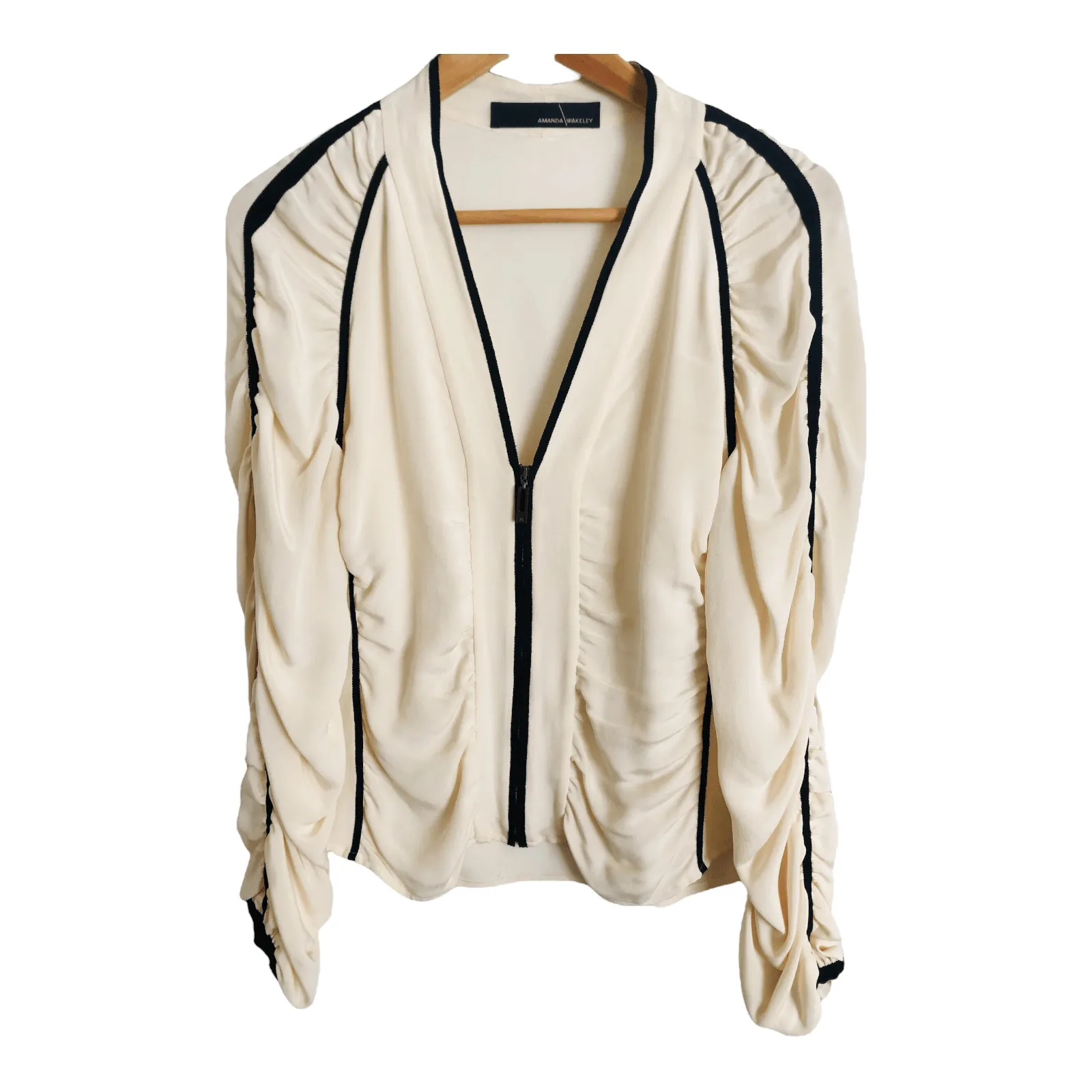 Amanda Wakeley 100% Silk Ruched Zip-up Cardigan Jacket Ivory Ecru Cream Black UK Size 12