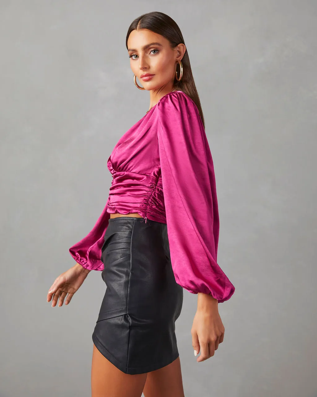 Aubriella Satin Ruched Long Sleeve Top