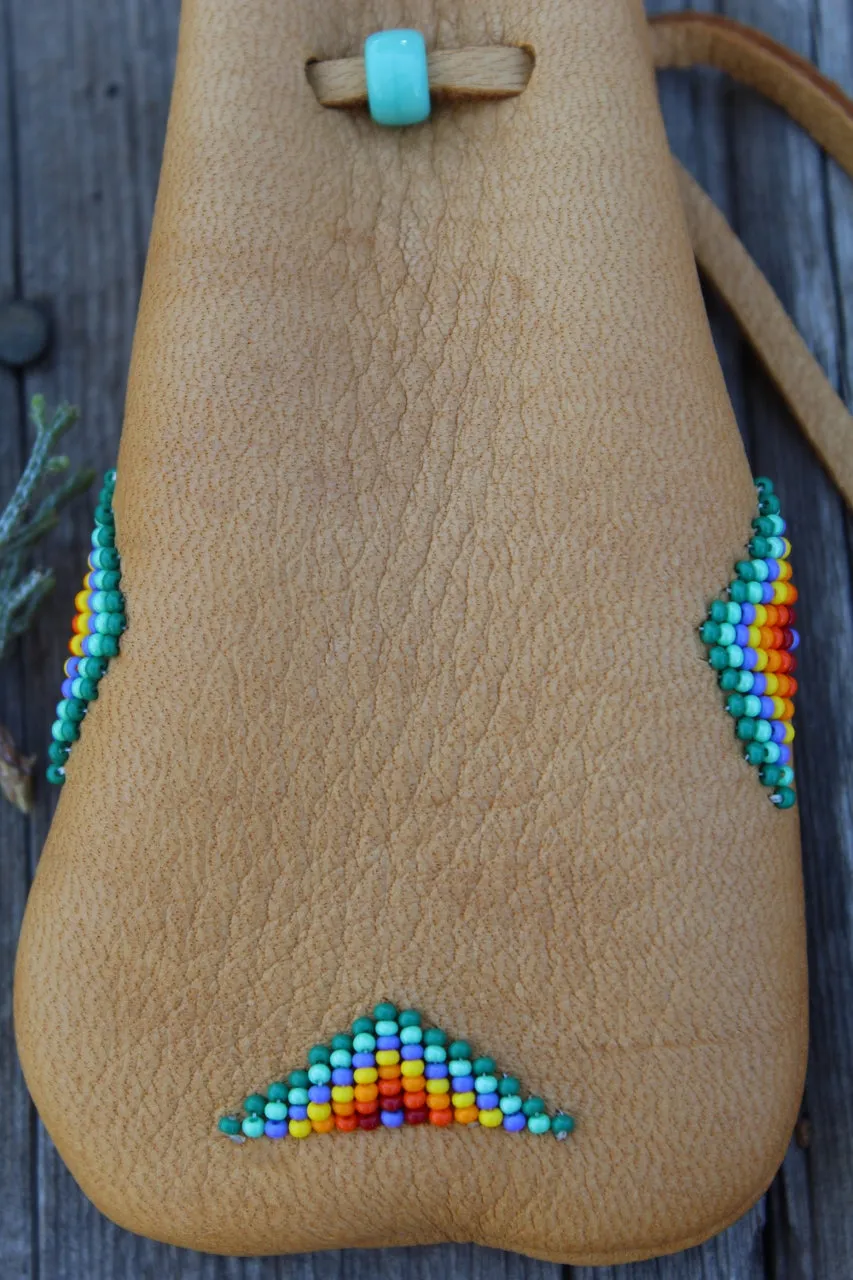 Beaded leather medicine bag, beaded leather pouch