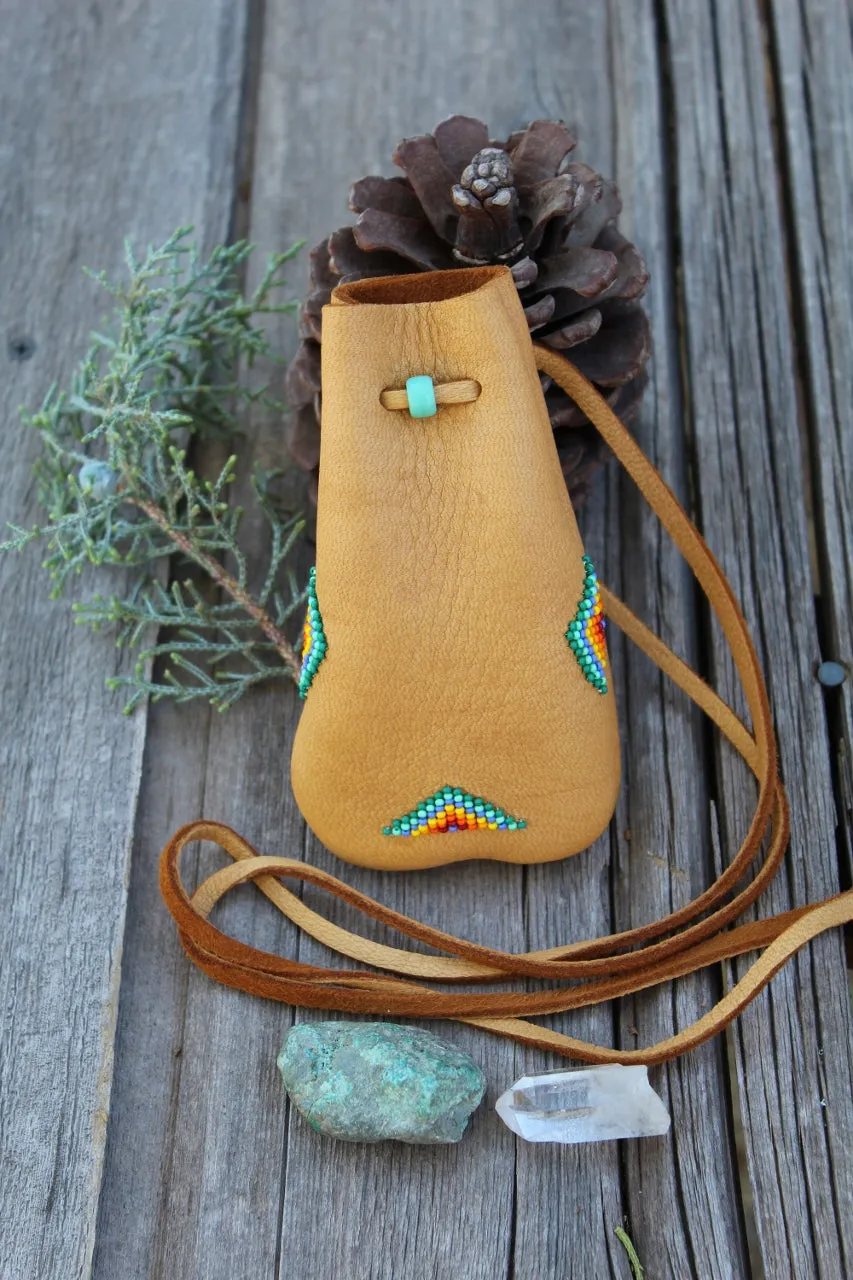 Beaded leather medicine bag, beaded leather pouch