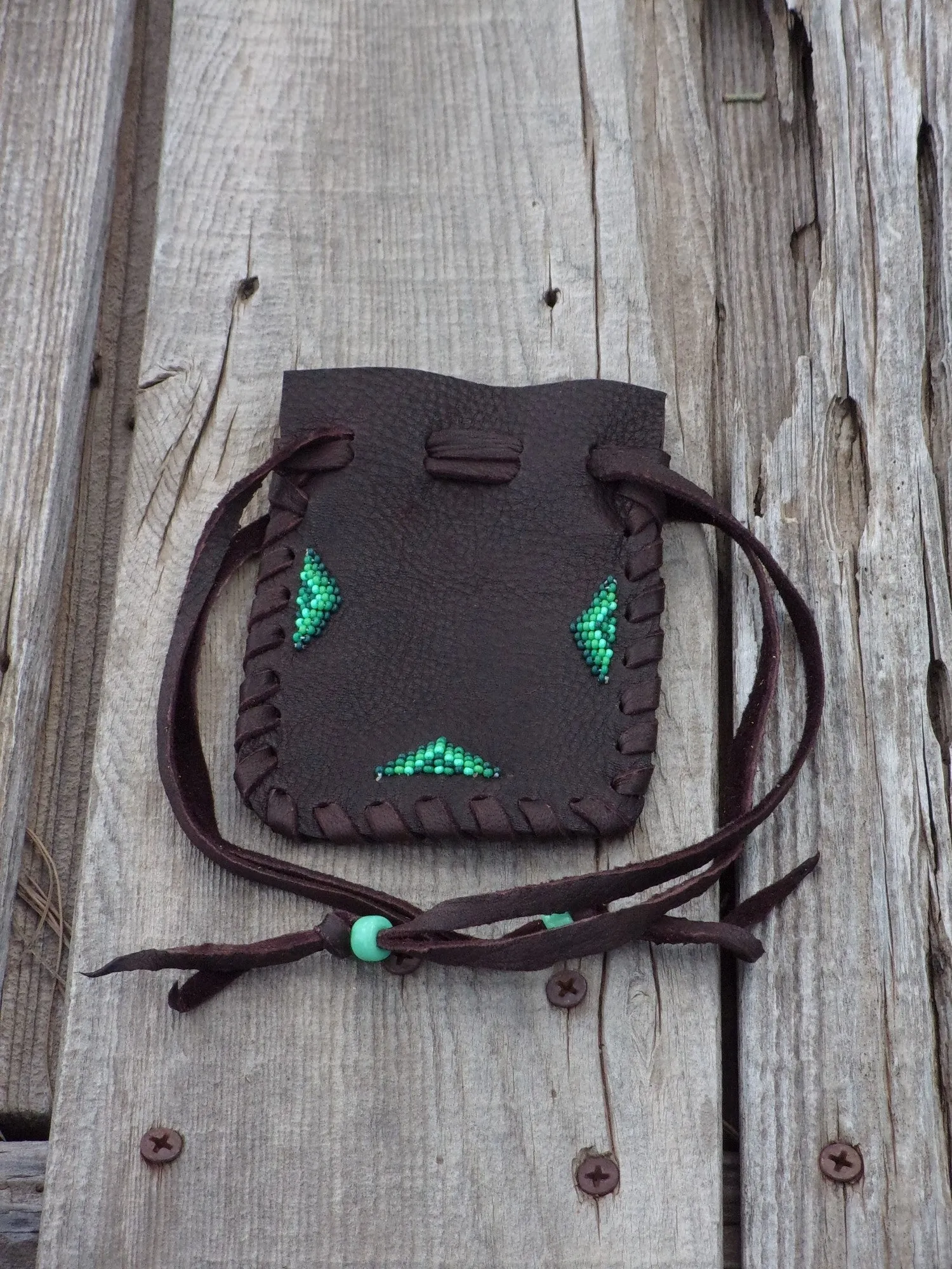 Beaded medicine bag, leather drawstring pouch