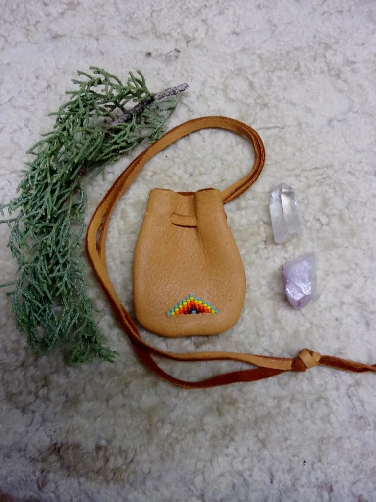 Beaded medicine bag, necklace amulet bag, beaded rainbow bag, leather medicine pouch