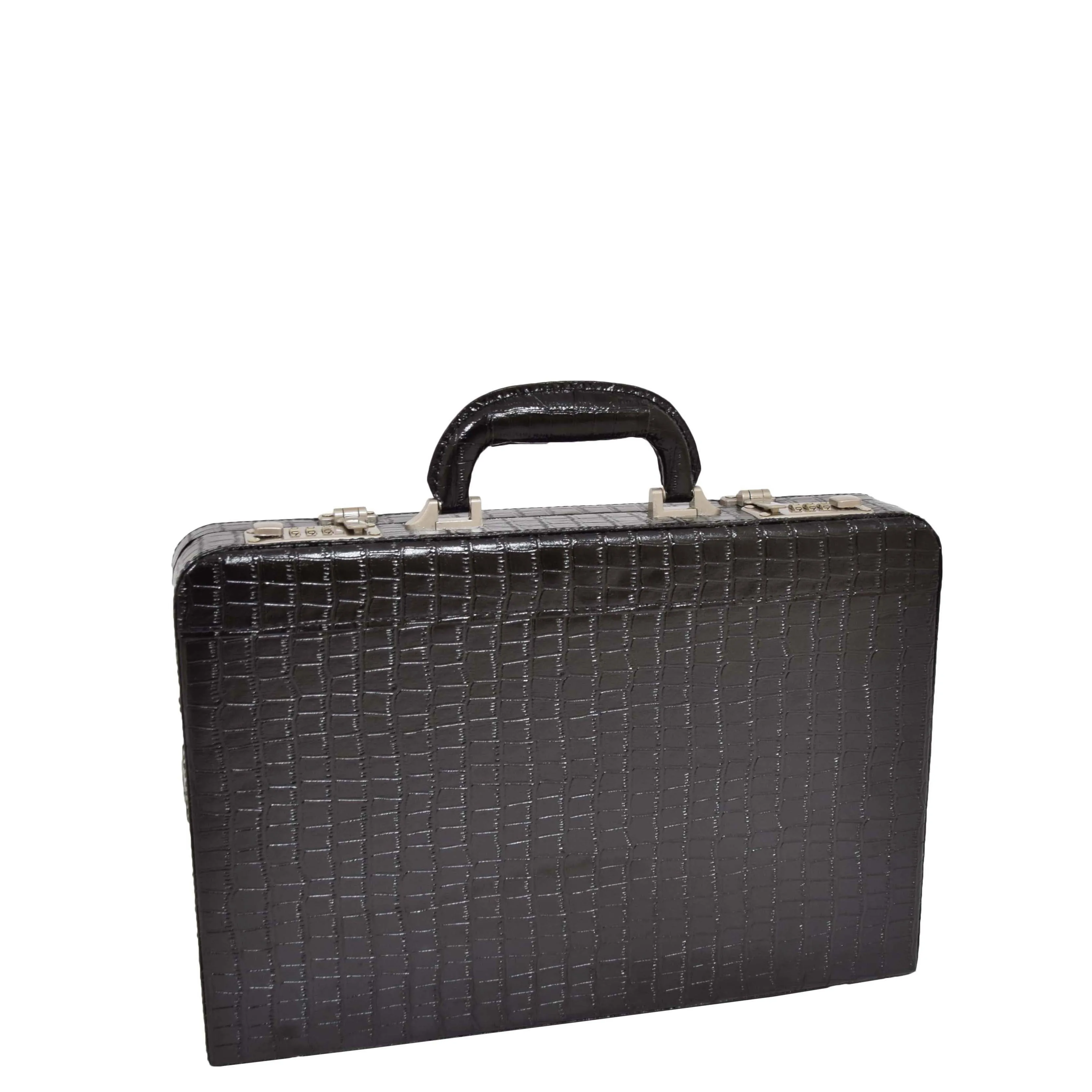 Black Leather Look Attache Croc Print Small Briefcase Dual Lock Lyon