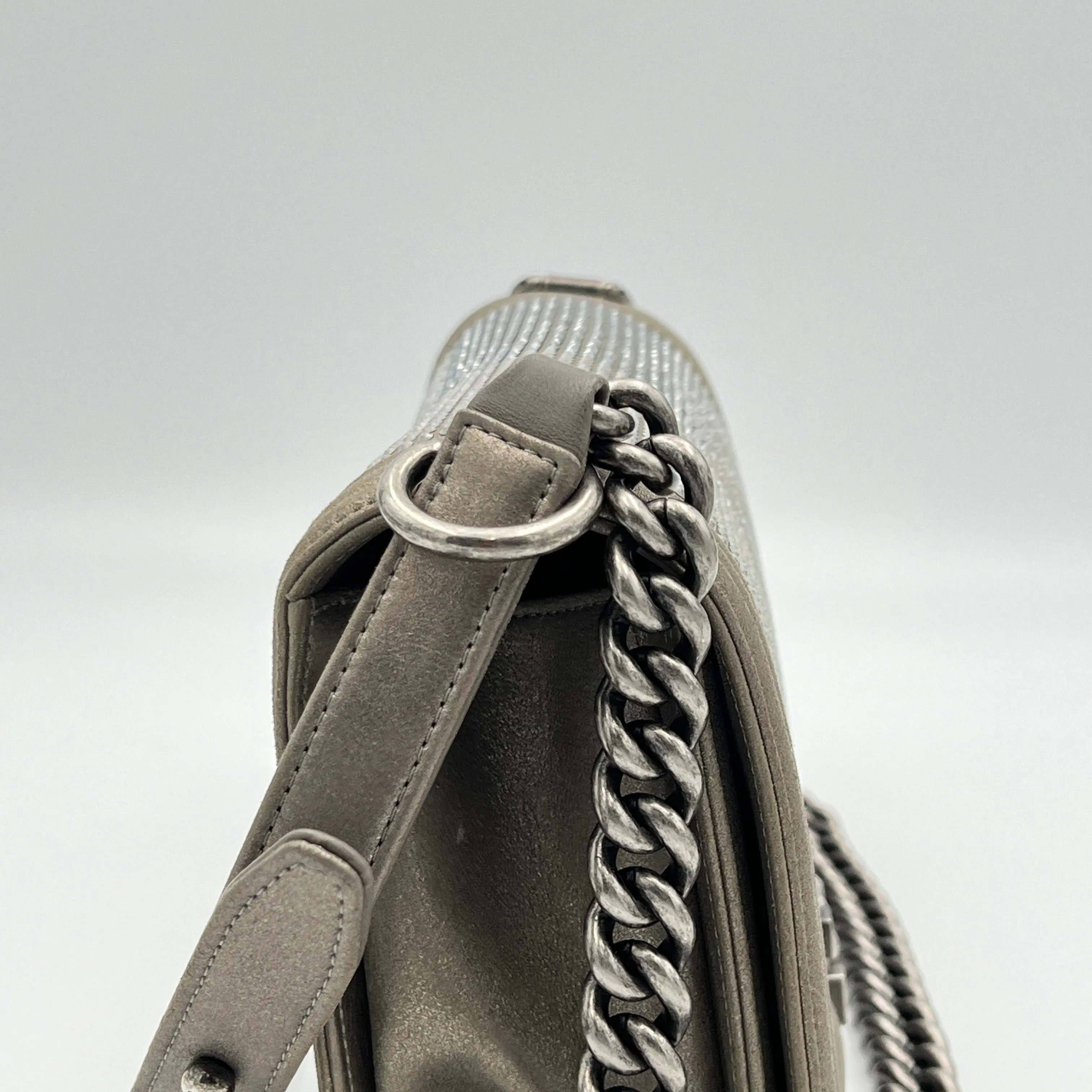 Boy Medium Grey Crossbody Bag in Calfskin, Ruthenium hardware