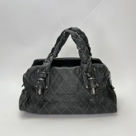 Braid Bowler Grey Top Handle Bag in Distressed Leather, Ruthenium hardware