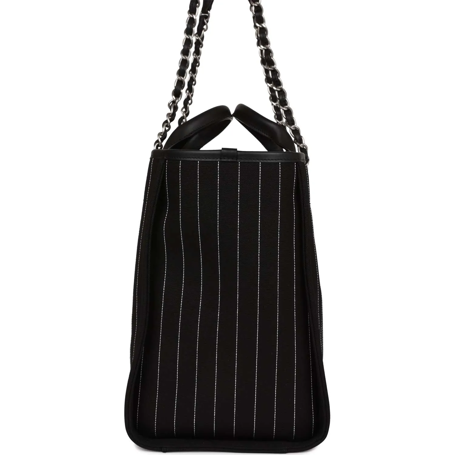 Chanel Large Deauville Shopping Bag Black and White Pinstripe Ruthenium Hardware