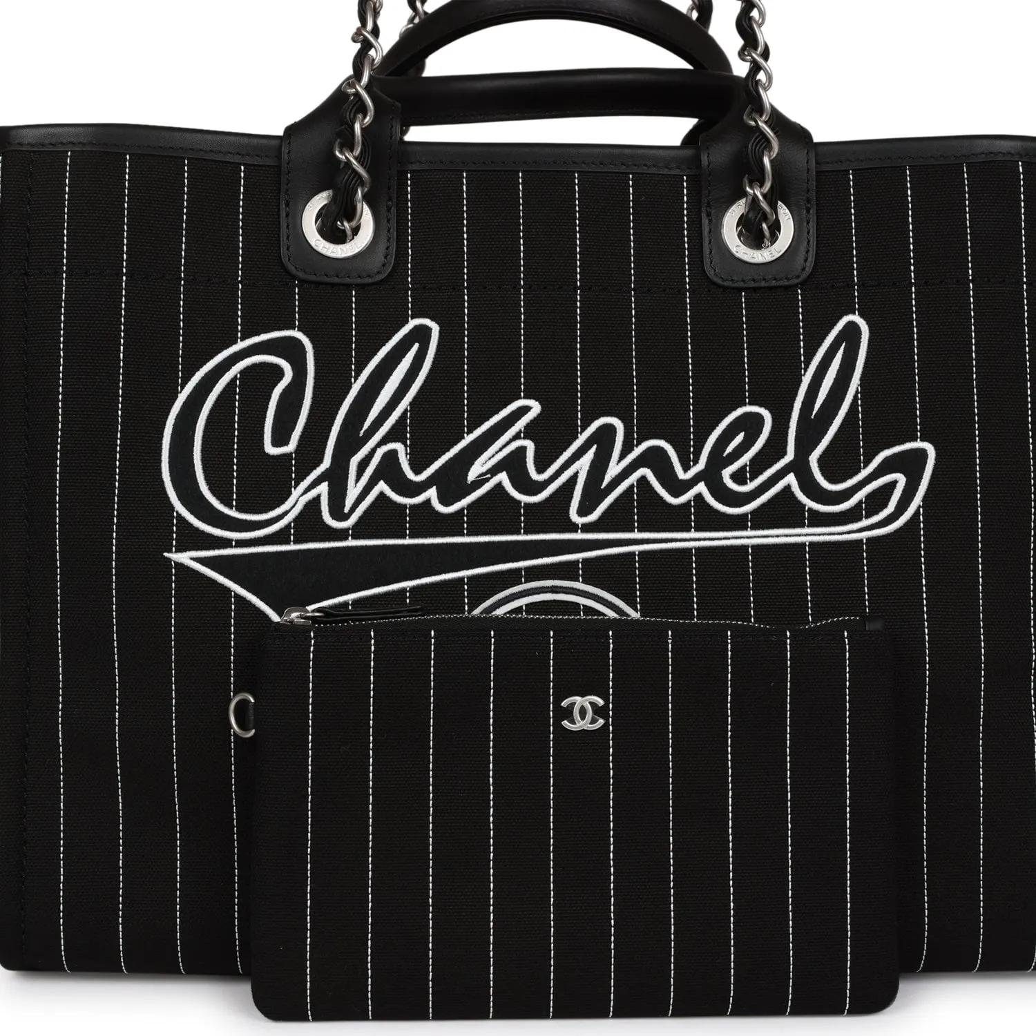 Chanel Large Deauville Shopping Bag Black and White Pinstripe Ruthenium Hardware