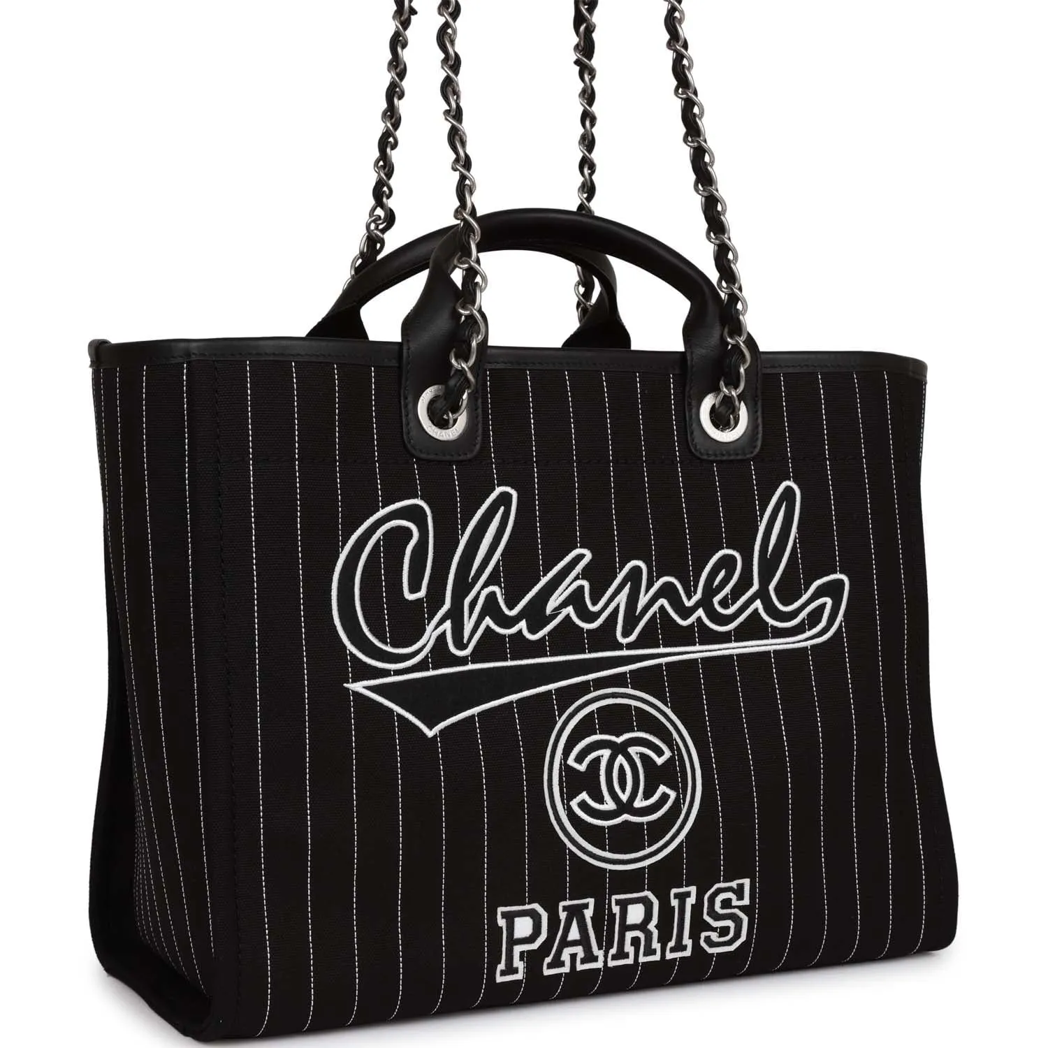 Chanel Large Deauville Shopping Bag Black and White Pinstripe Ruthenium Hardware