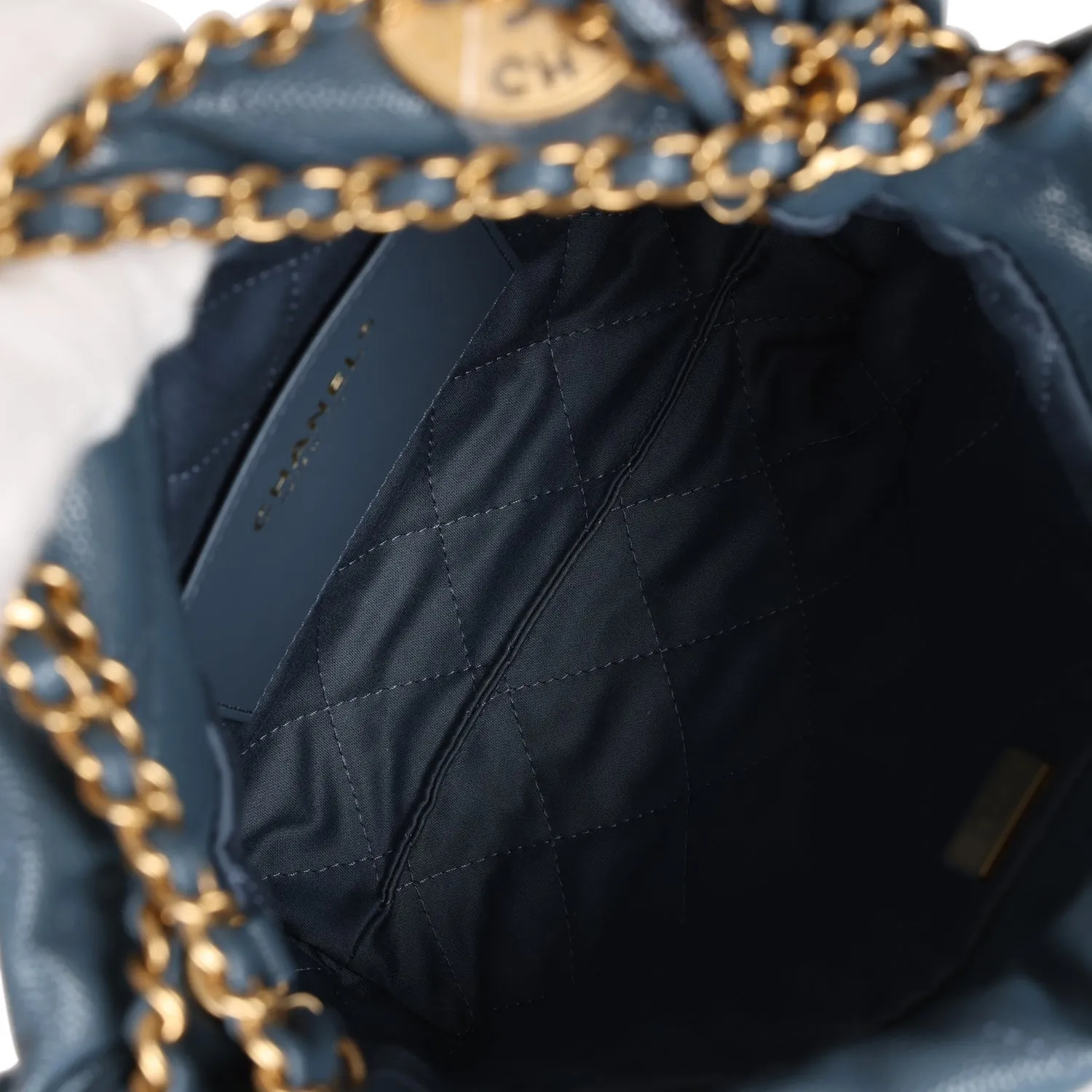 Chanel Mini 22 Bag Blue Pebbled Calfskin Gold Hardware