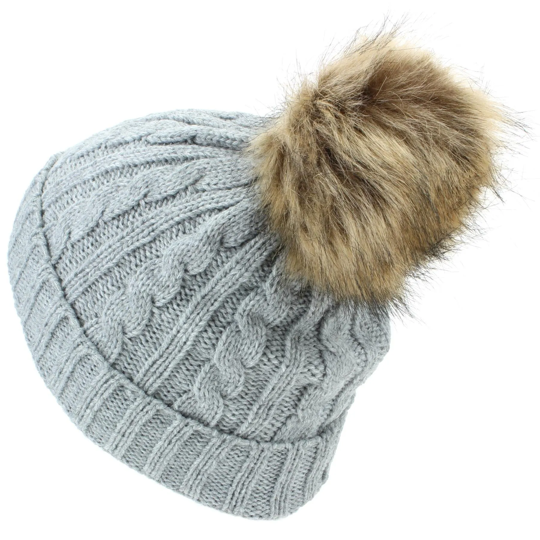 Childrens Cable Knit Beanie Hat with Faux Fur Bobble and Turn-up - Grey