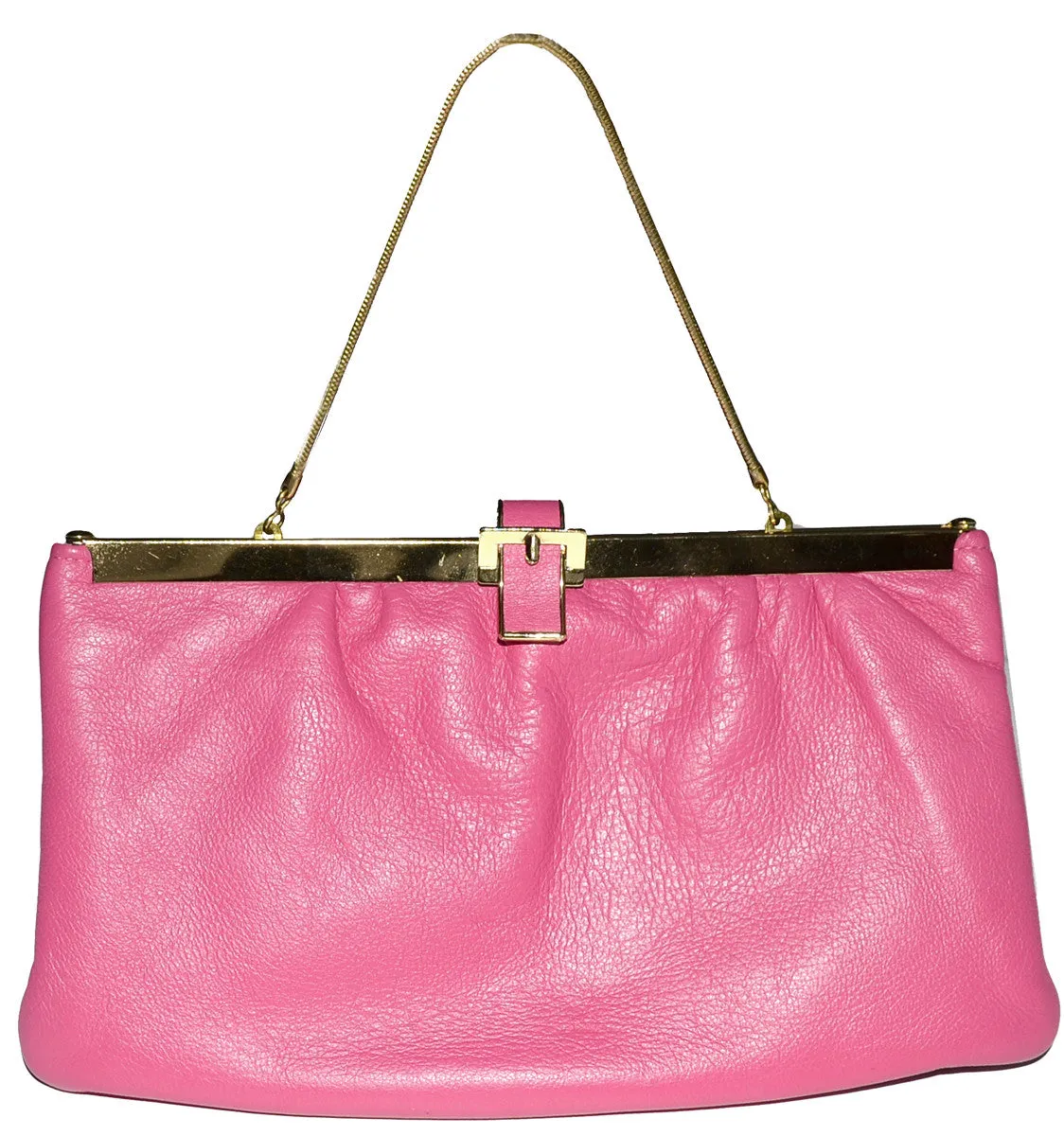 Etra Pink Leather Clutch Handbag Optional Chain Strap Gate Opening