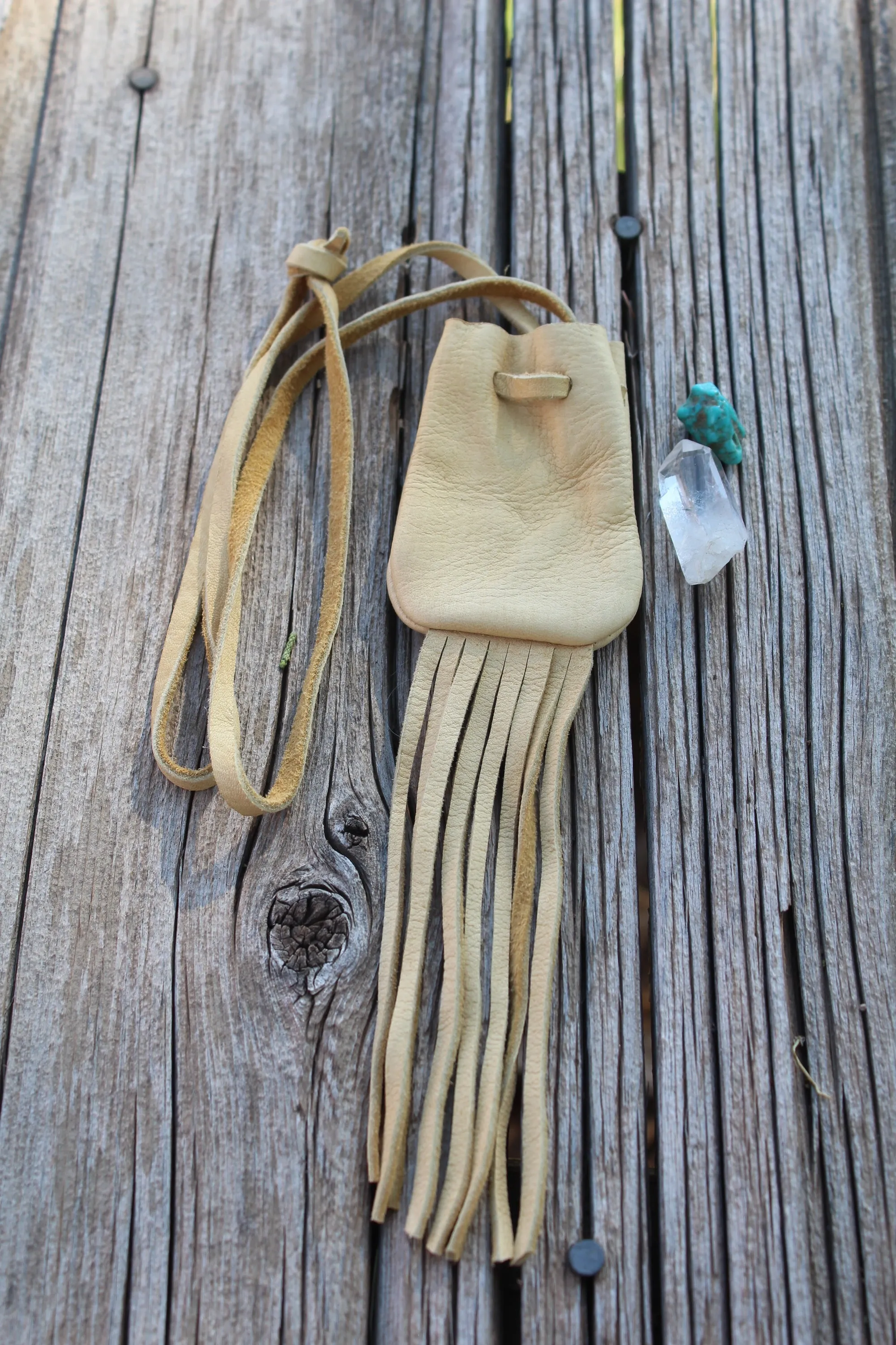 fringed buckskin medicine bag, buckskin neck bag