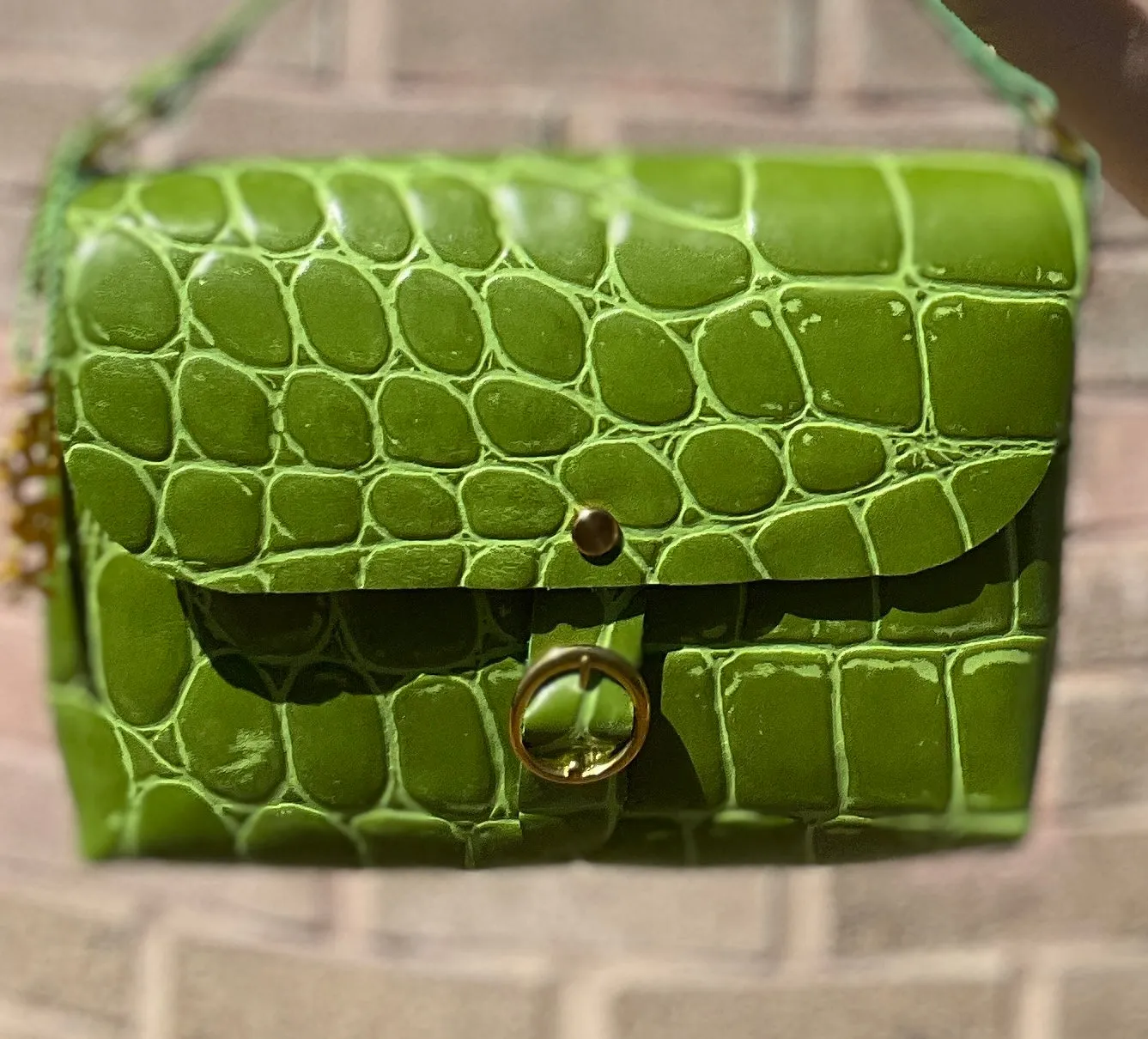 Green Jumbo Croc Embossed  Leather Small Crossbody Flap Messenger Bag