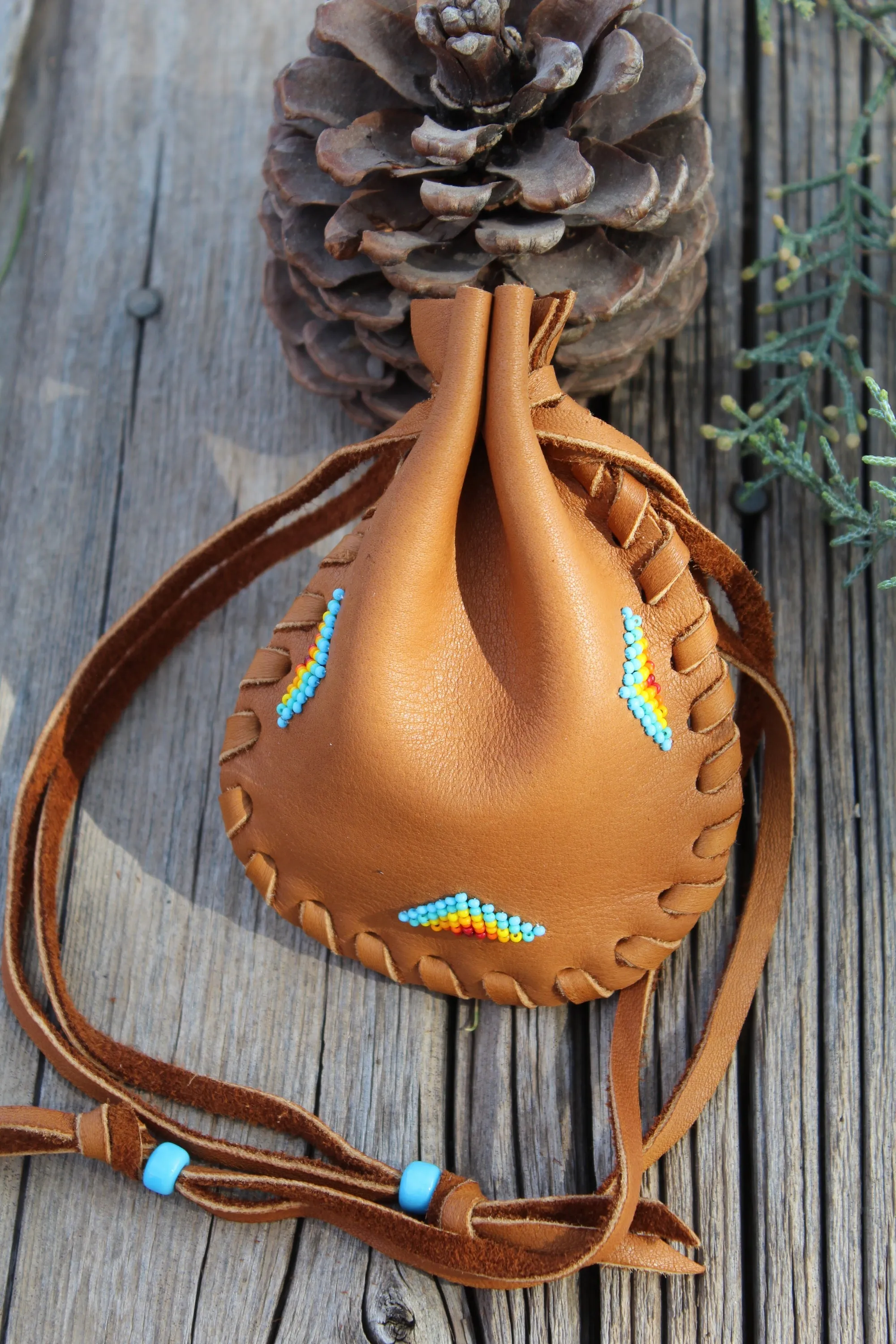 Handmade beaded medicine bag, buckskin leather pouch