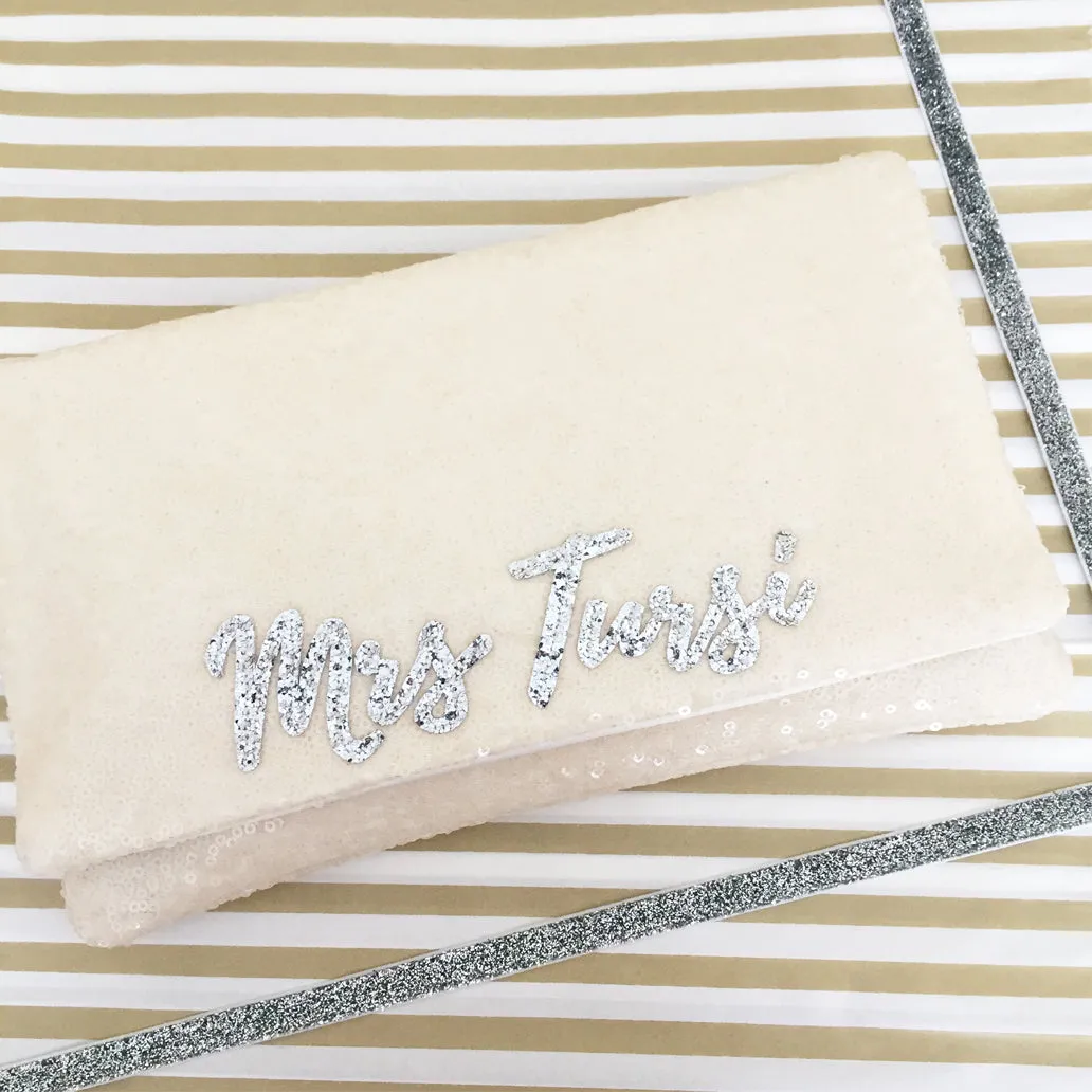 Ivory sequin personalised bridal wedding day clutch