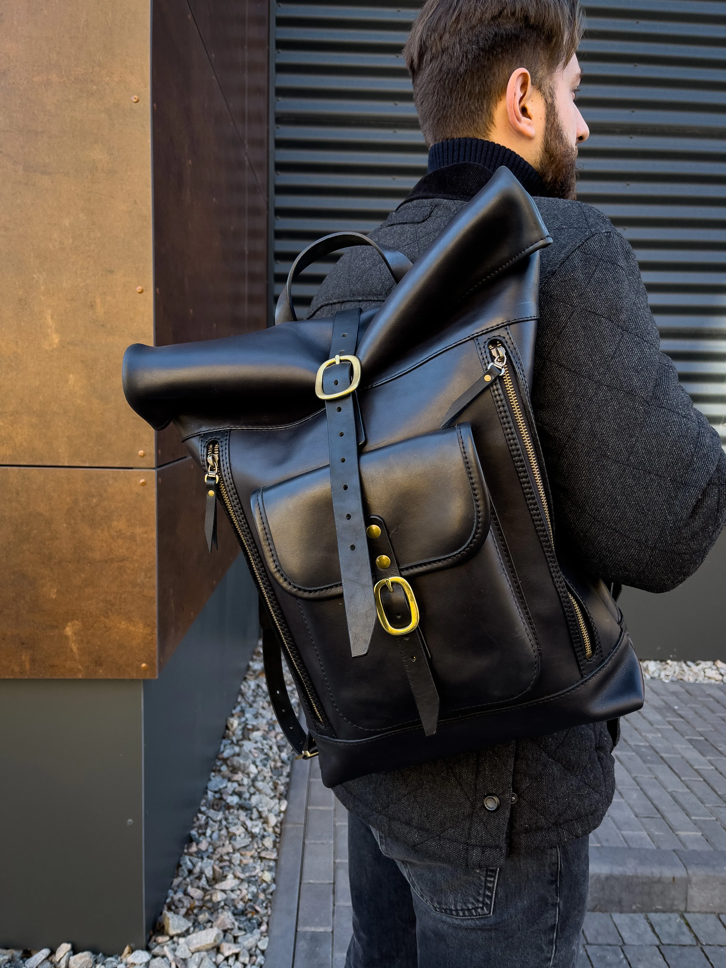 Leather black rolltop backpack, Personalized Leather Backpack for Men, Leather Backpack Gifts, Leather Travel Bag, Custom Leather Bag Gifts