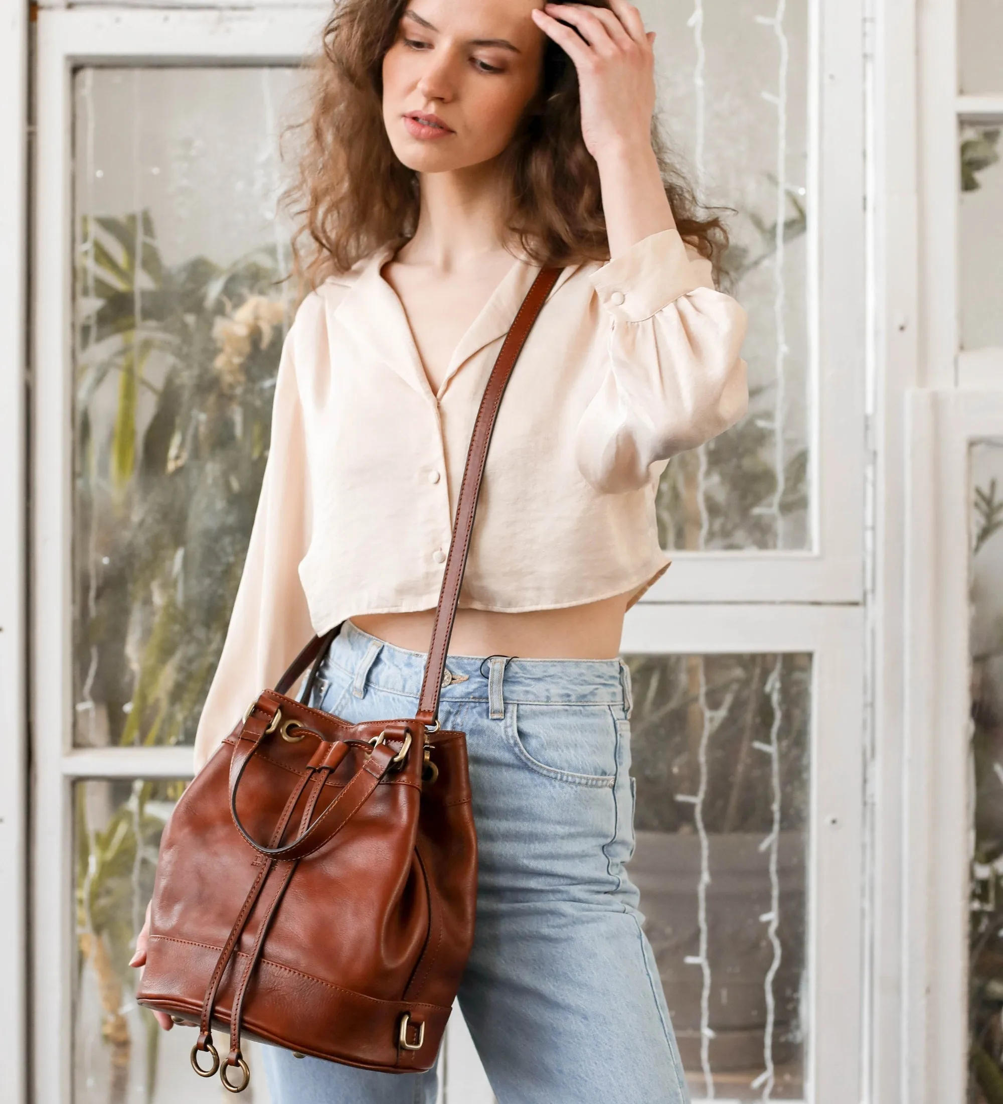 Leather Bucket Bag for Women - Light In August