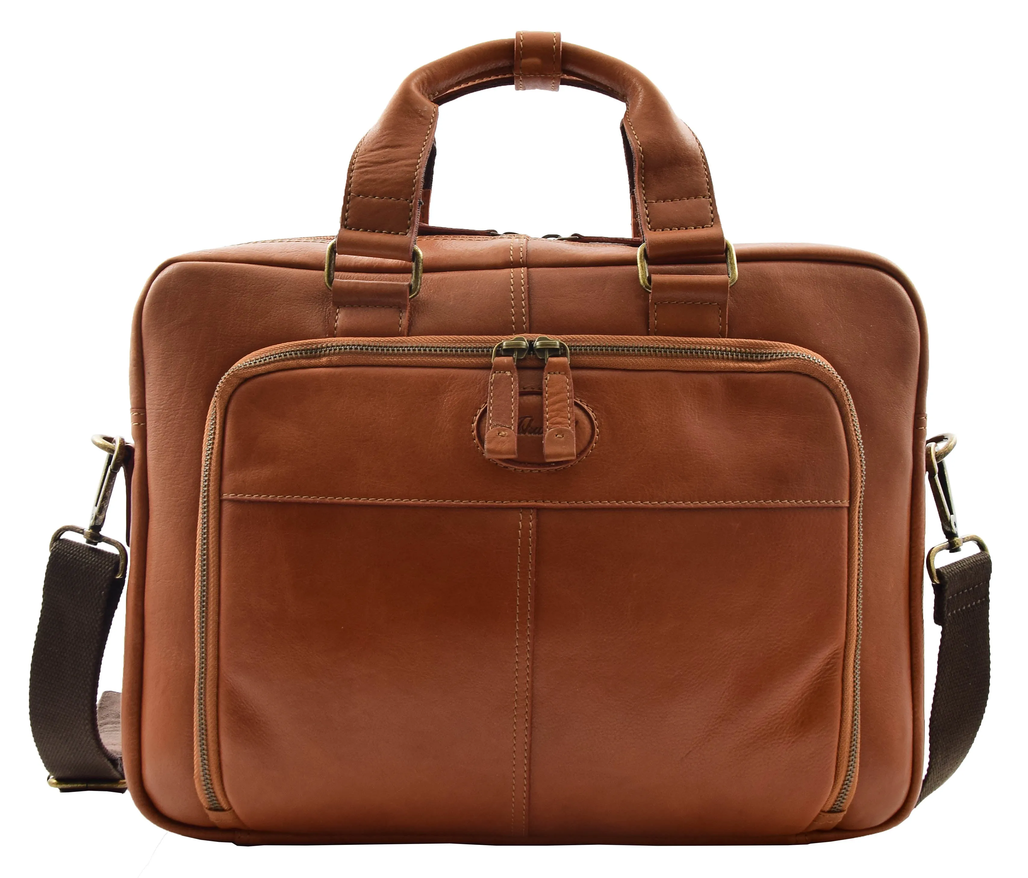 Mens Briefcase Genuine Soft Tan Leather Laptop Business Organiser Bag Pompeii