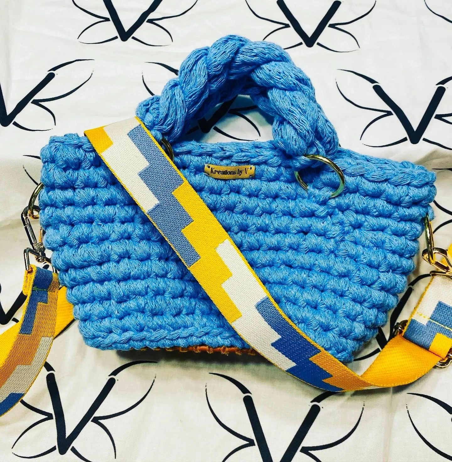 MINI tote bag, Blue, Kreations by V Luxury Crochet Handbag