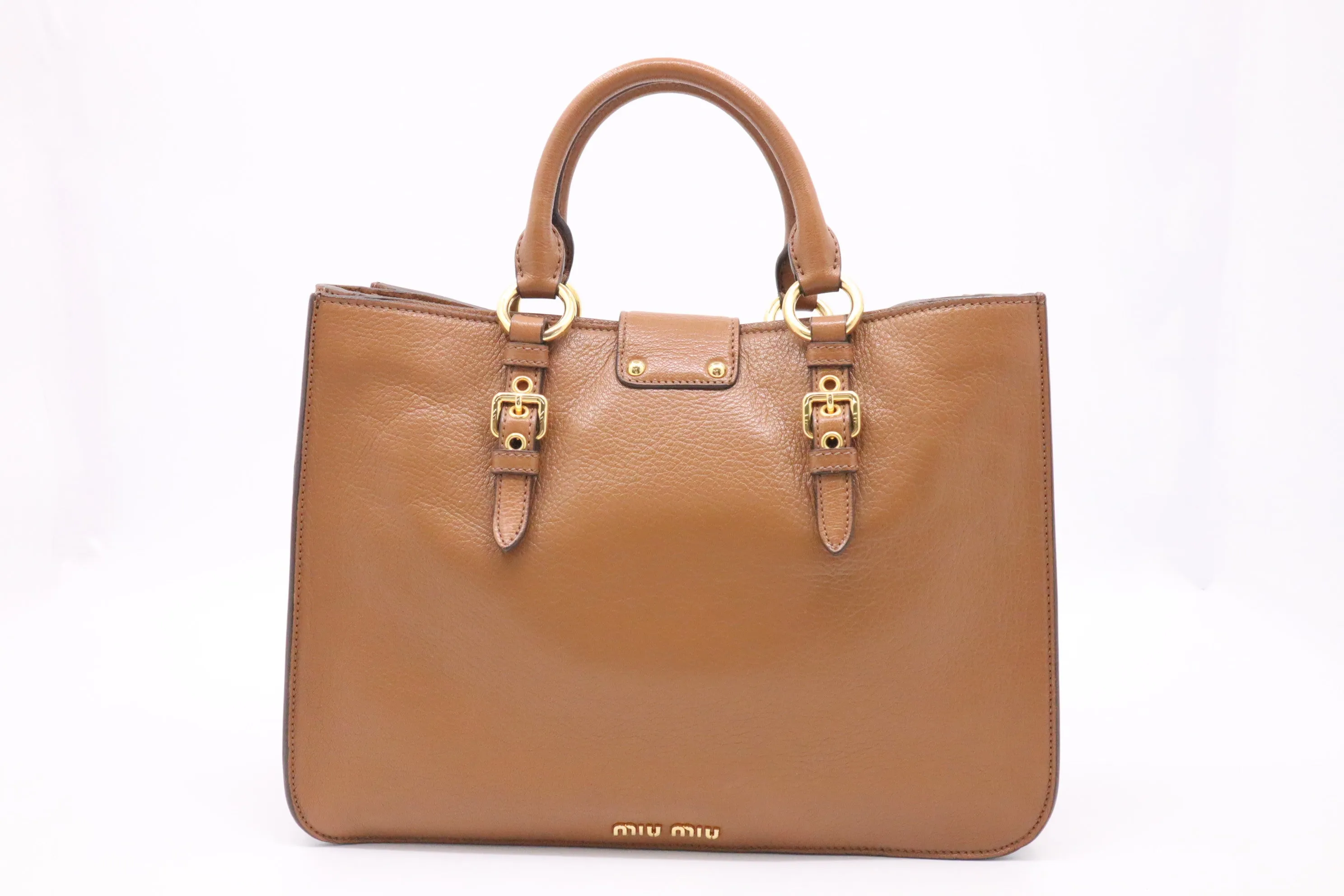 Miu Miu Madras Large Tote in Brown Leather