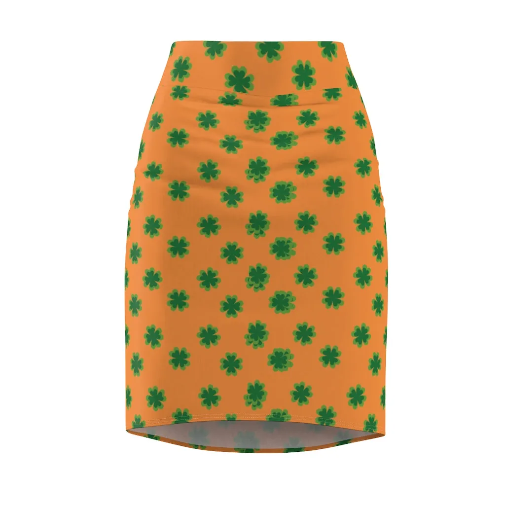 Orange Green Clover Pencil Skirt, Clover Leaf Print St. Patrick's Day Women's Pencil Skirt- Made in USA