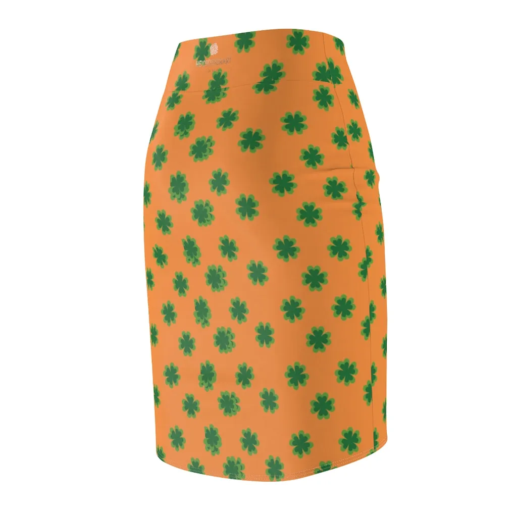 Orange Green Clover Pencil Skirt, Clover Leaf Print St. Patrick's Day Women's Pencil Skirt- Made in USA