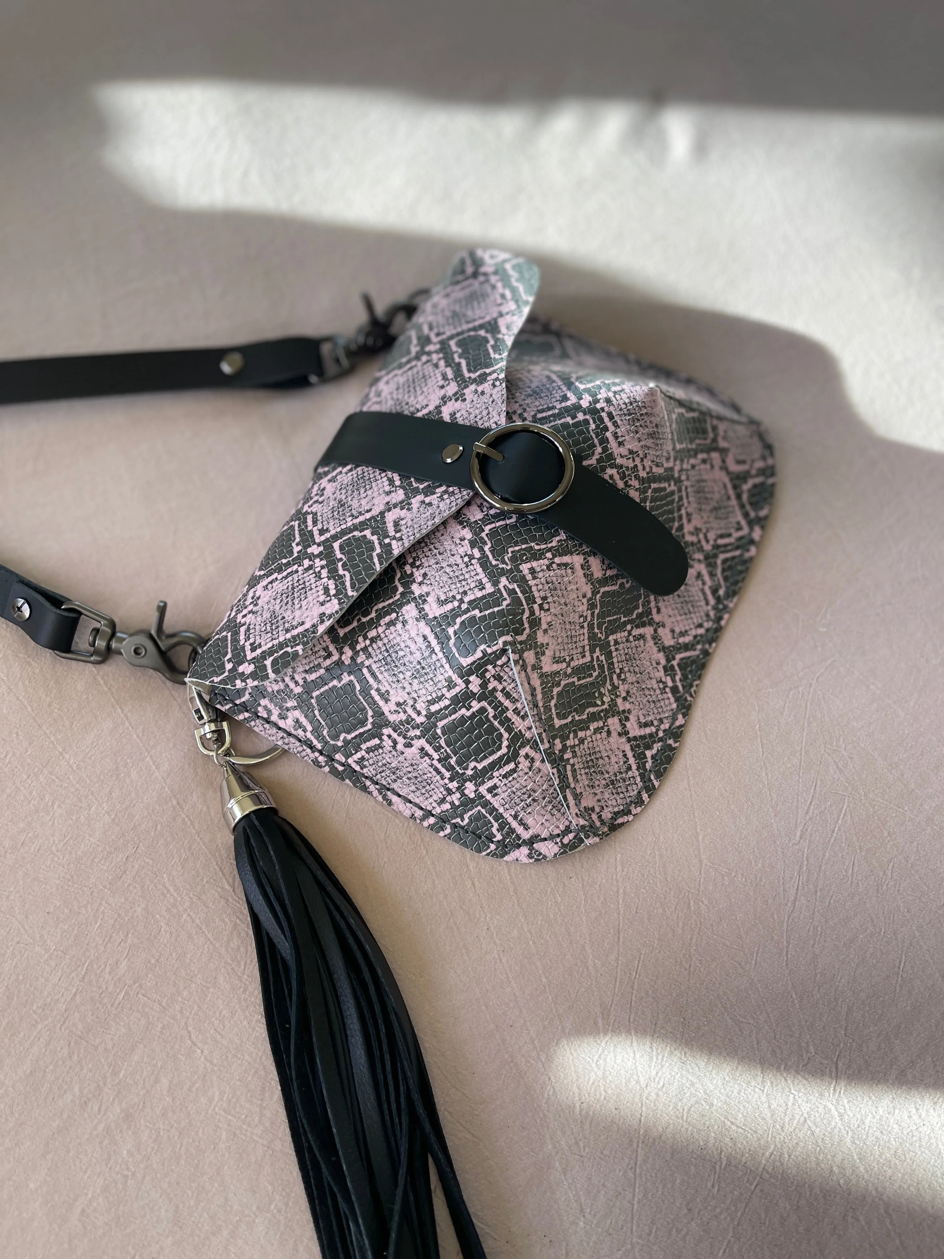 Pink and Black Embossed Reptile Small Crossbody Flap Bag