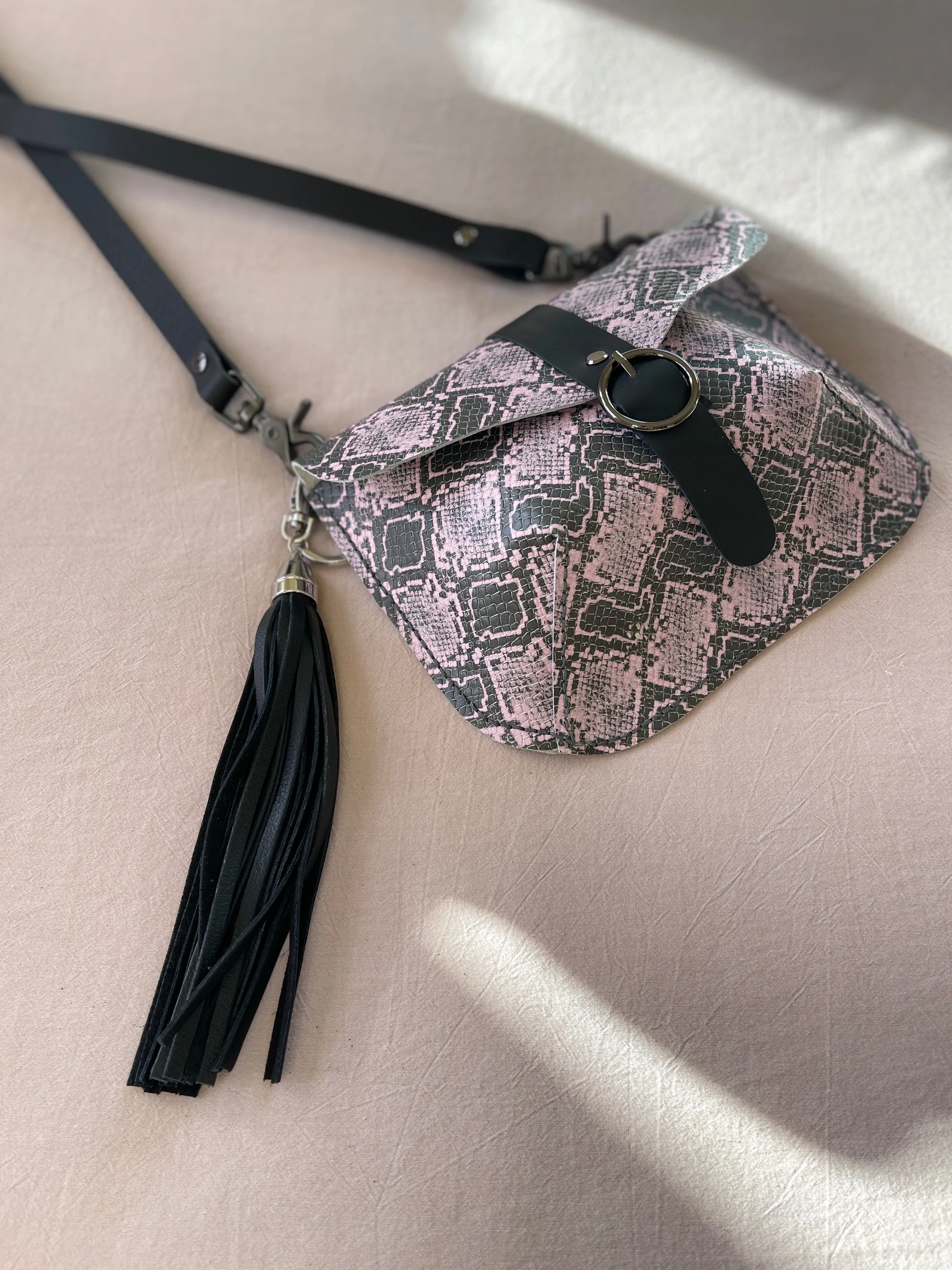 Pink and Black Embossed Reptile Small Crossbody Flap Bag