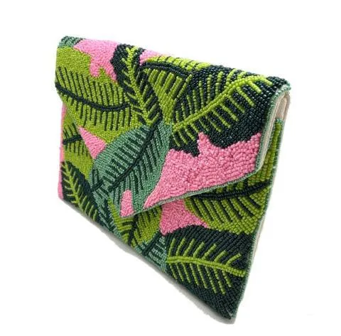 Pink Foliage Handmade Beaded Clutch