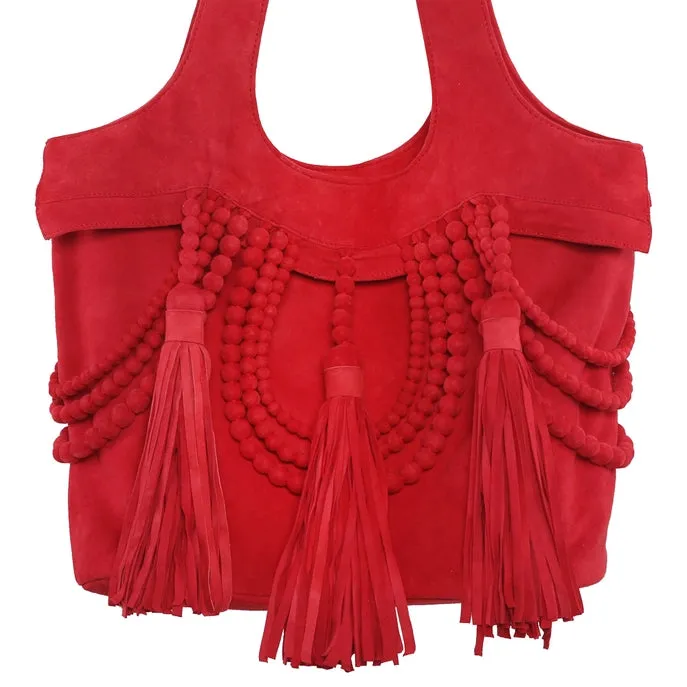 Ruby Red Bohemian Fringed Suede Handbag-Designer Fringed Leather Shoulder Bag